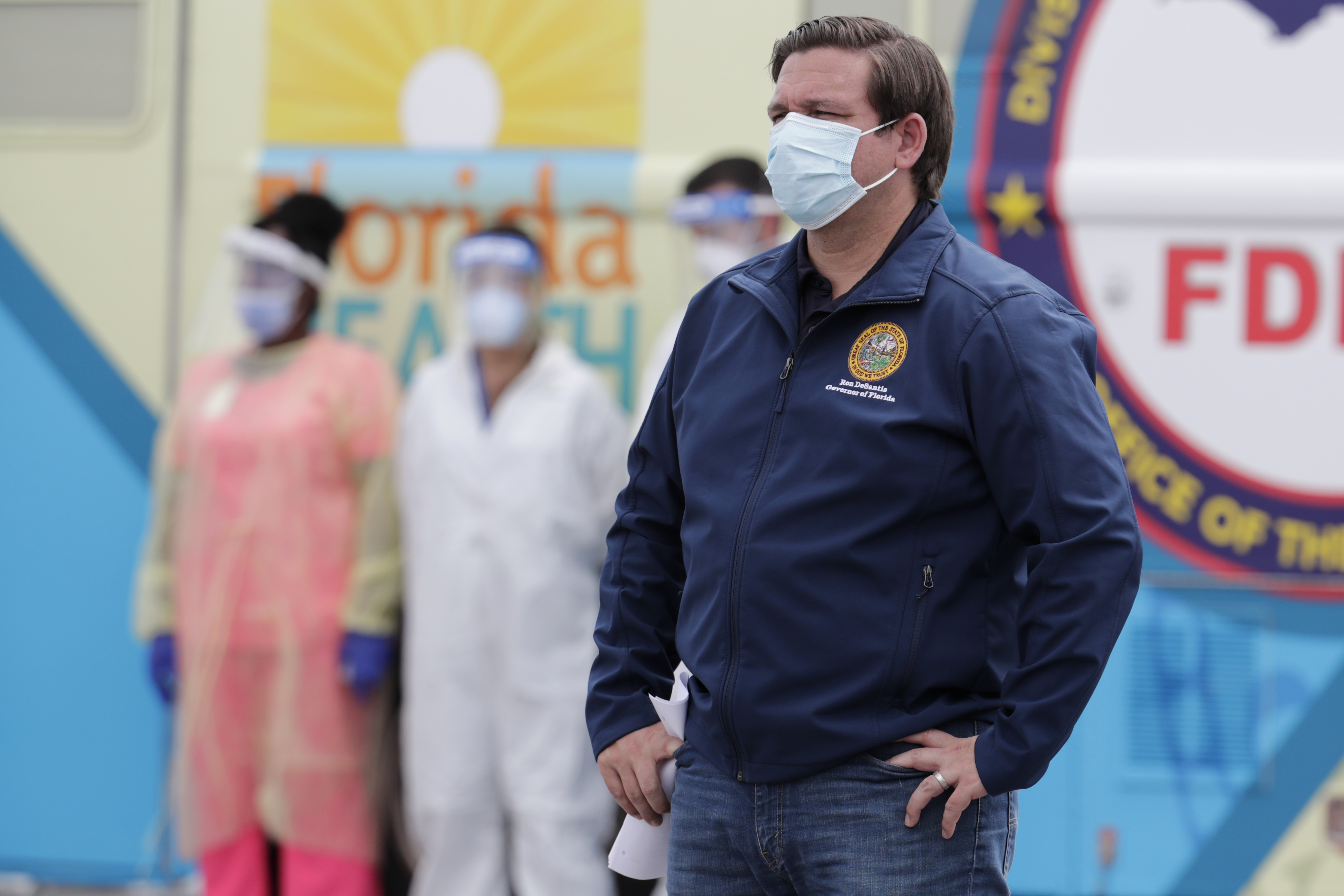 Gov. Ron DeSantis wears mask at Hard Rock Stadium coronavirus testing site