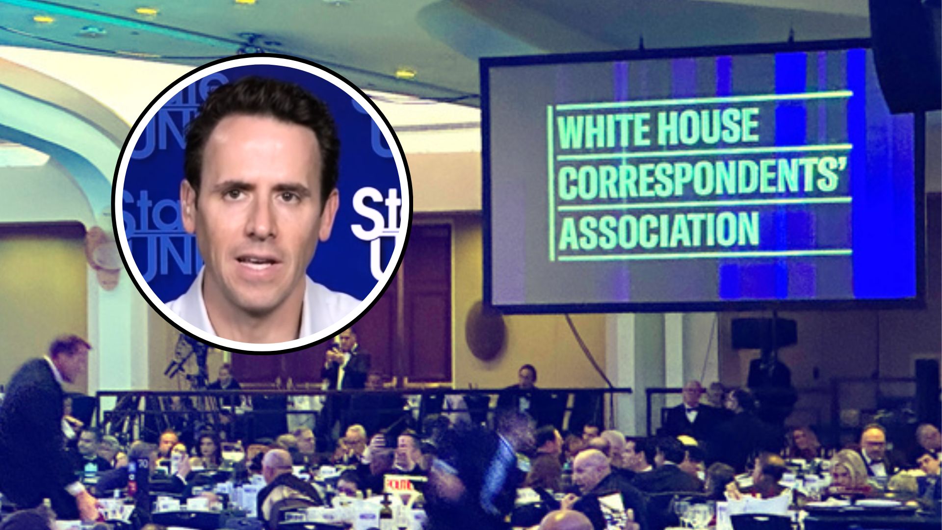 This combination of images shows Oz Pearlman, left, and people ducking for cover after a shooting during the White House Correspondents' Association dinner in Washington, D.C.
