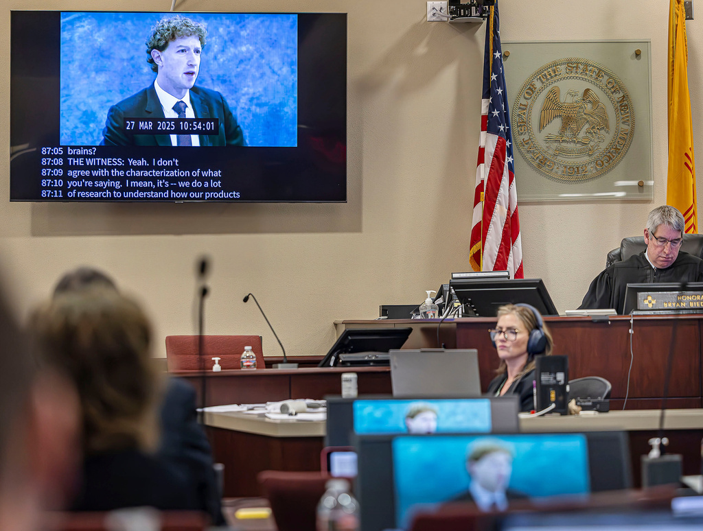 A recording of Meta Founder and CEO Mark Zuckerberg's deposition is played for the jurors on Wednesday, March 4, 2026, in Santa Fe, N.M.