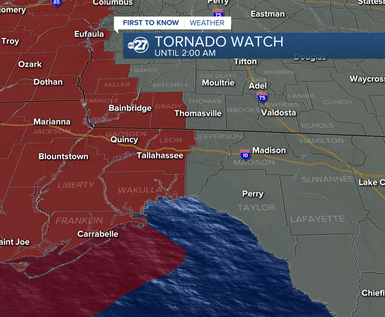tornado watch map covering western Big Bend and southwest Georgia counties (12/14/2022)