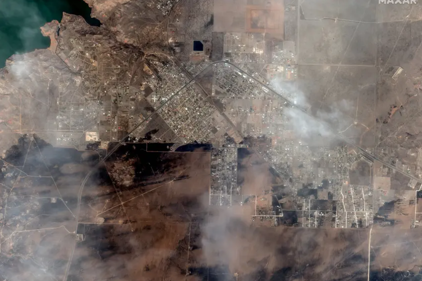 A satellite view of the aftermath of the Smokehouse Creek wildfire in Fritch on Feb. 28.