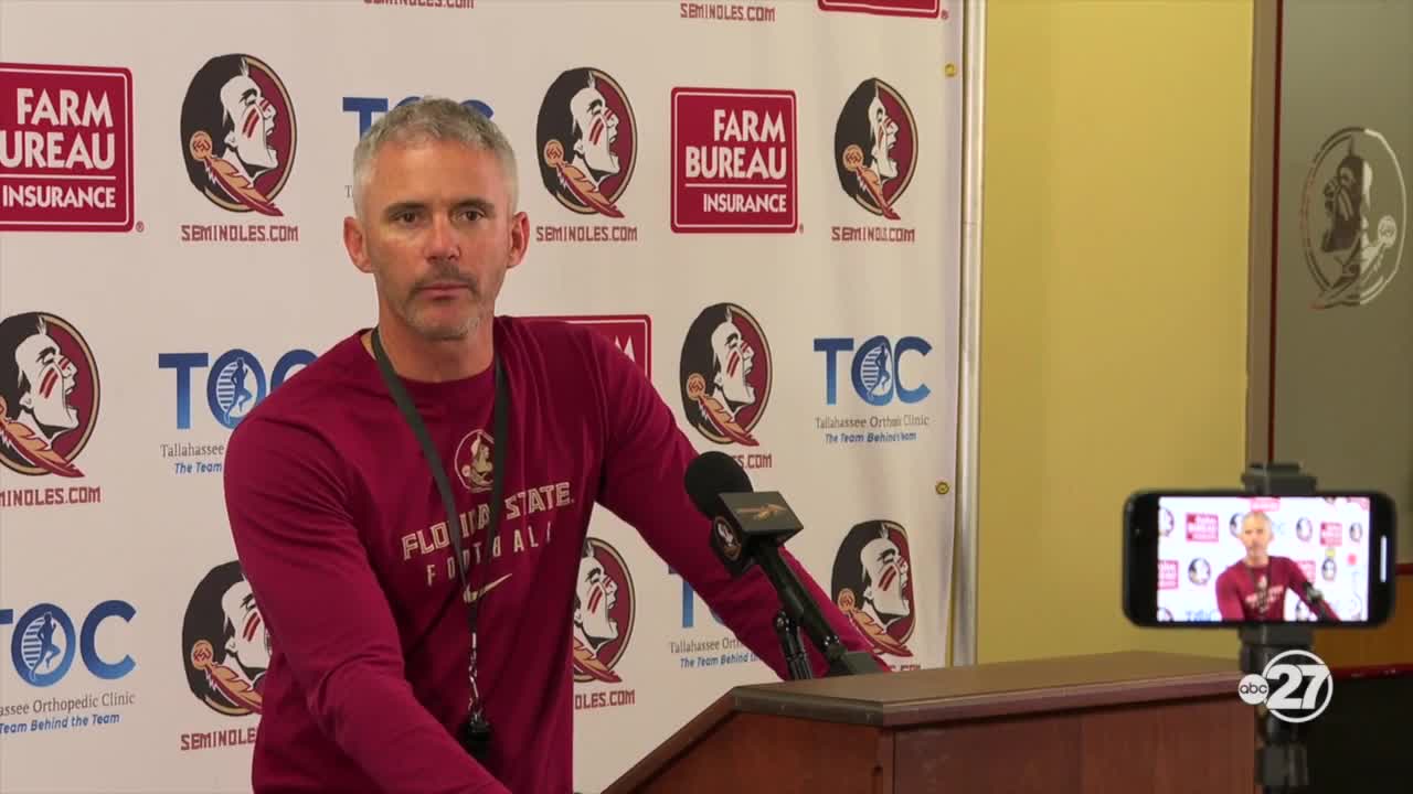Florida State University Head Coach Mike Norvell reacts after arrests in Ethan Pritchard shooting