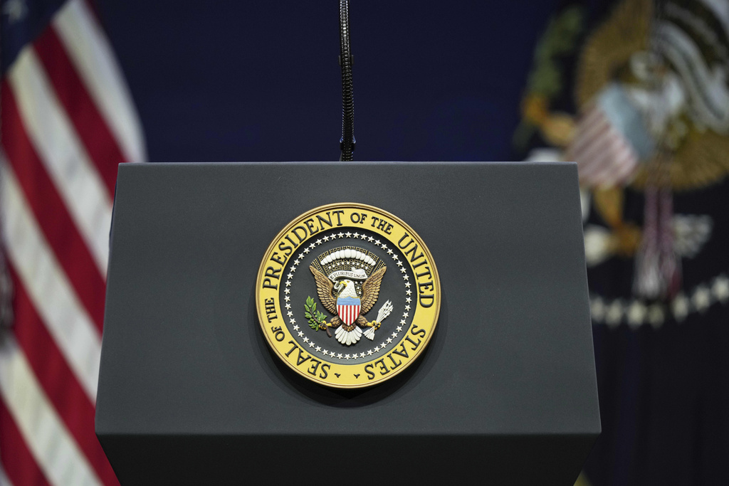 The presidential seal is seen on the podium before President Donald Trump arrives to speaks at a hearing of the Religious Liberty Commission at the Museum of the Bible, Monday, Sept. 8, 2025, in Washington. 