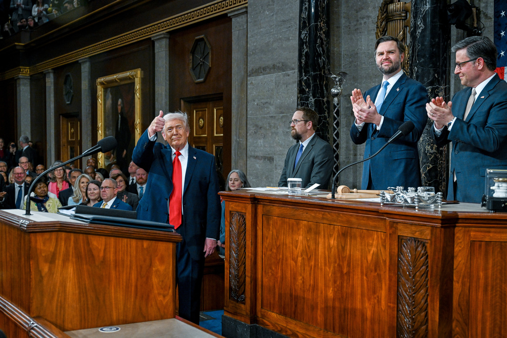 President Donald Trump delivers the State of the Union address to a joint session of Congress in the House chamber at the U.S. Capitol in Washington, Tuesday, Feb. 24, 2026. 