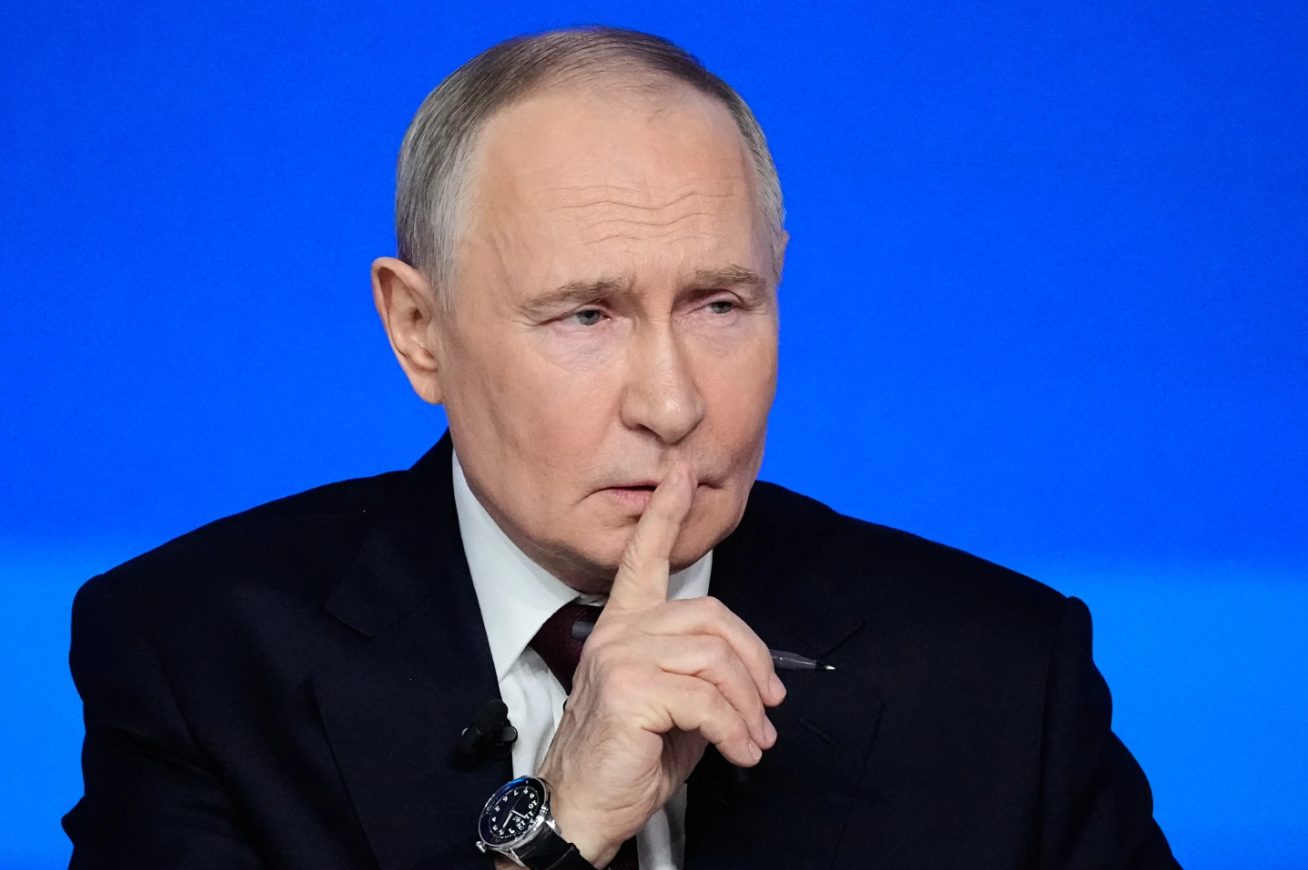 Russian President Vladimir Putin gestures while speaking during his annual news conference and call-in show at Gostinny Dvor, in Moscow, on Friday, Dec. 19, 2025. 