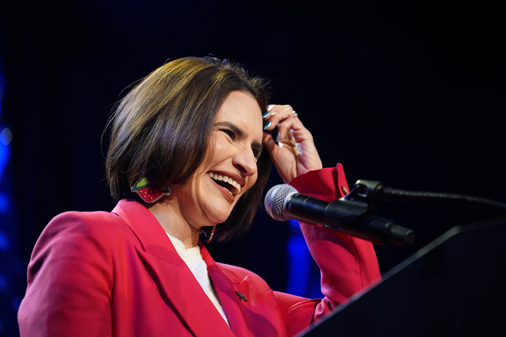 Minnesota Lt. Gov. Peggy Flanagan, a Democratic candidate for U.S. Senate, smiles on stage during an election night watch party on Tuesday, Aug. 11, 2026, in Minneapolis. 
