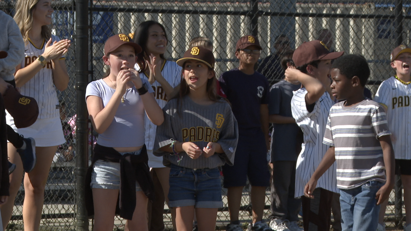 Second and third graders excited about playing baseball with the Padres. 