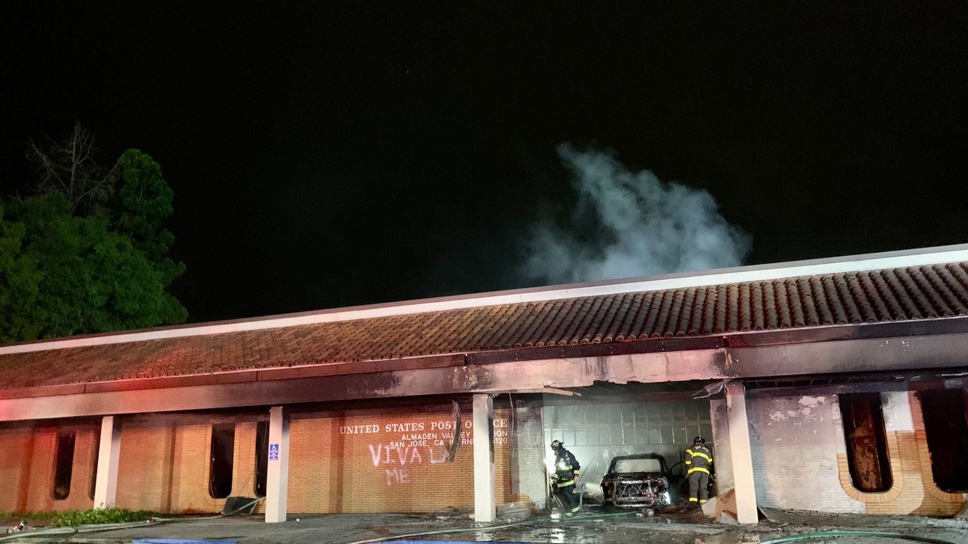 Fire crews respond to a car into a post office in San Jose, California. 