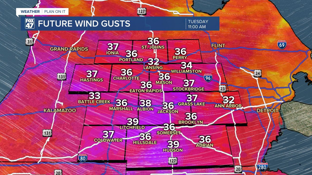 Wind gusts could exceed 40 mph Tuesday morning across Mid-Michigan