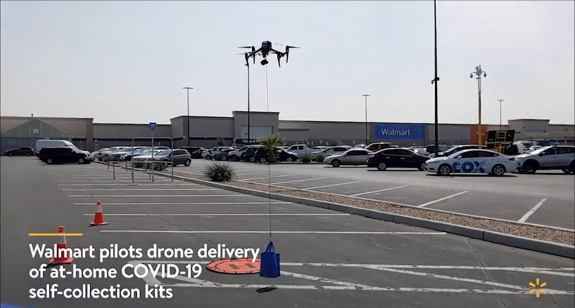 These are screen shots from video provided by Walmart showing drones to delivery COVID-19 test kits in North Las Vegas