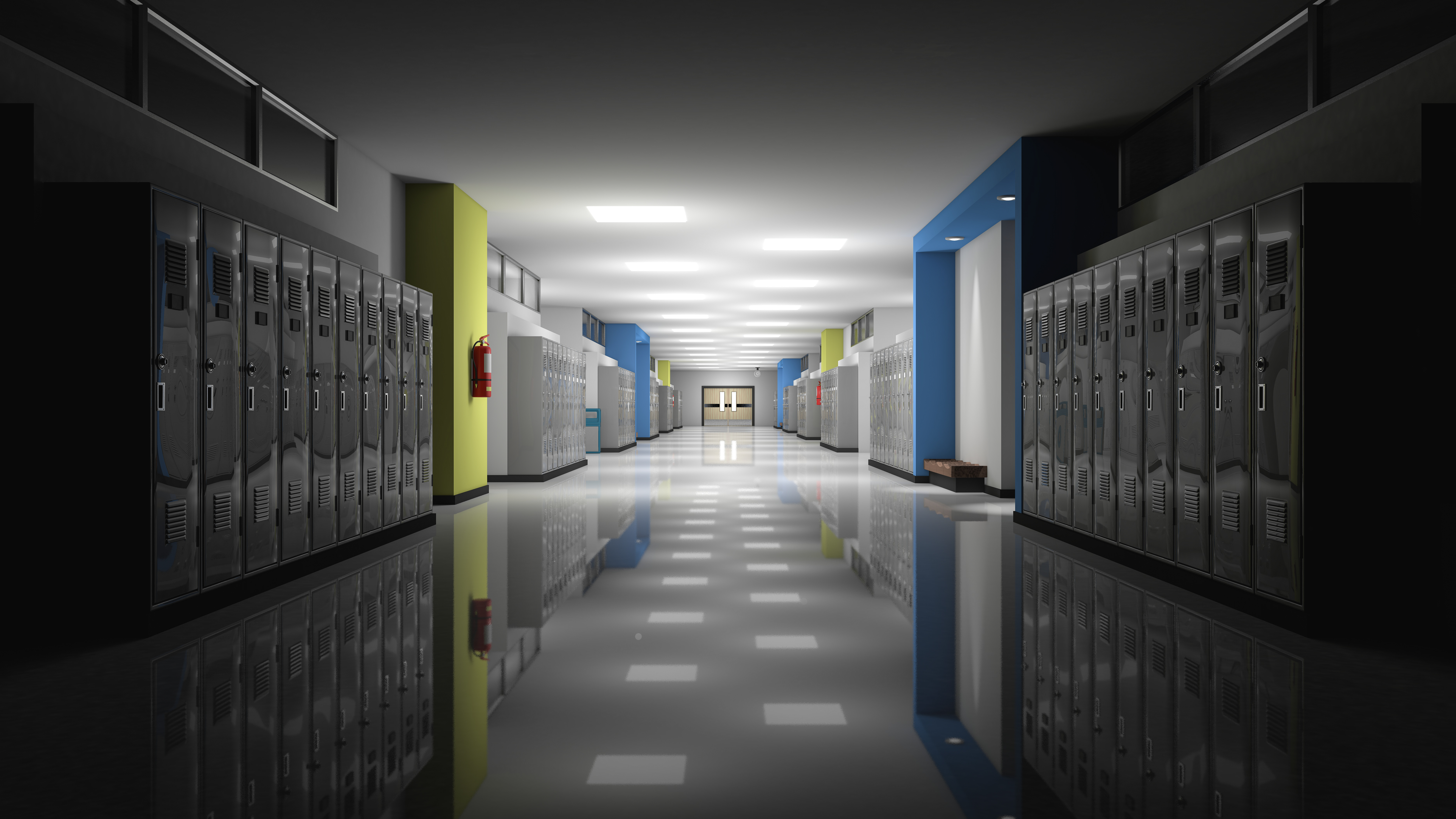 Empty school corridor with lights turning on.