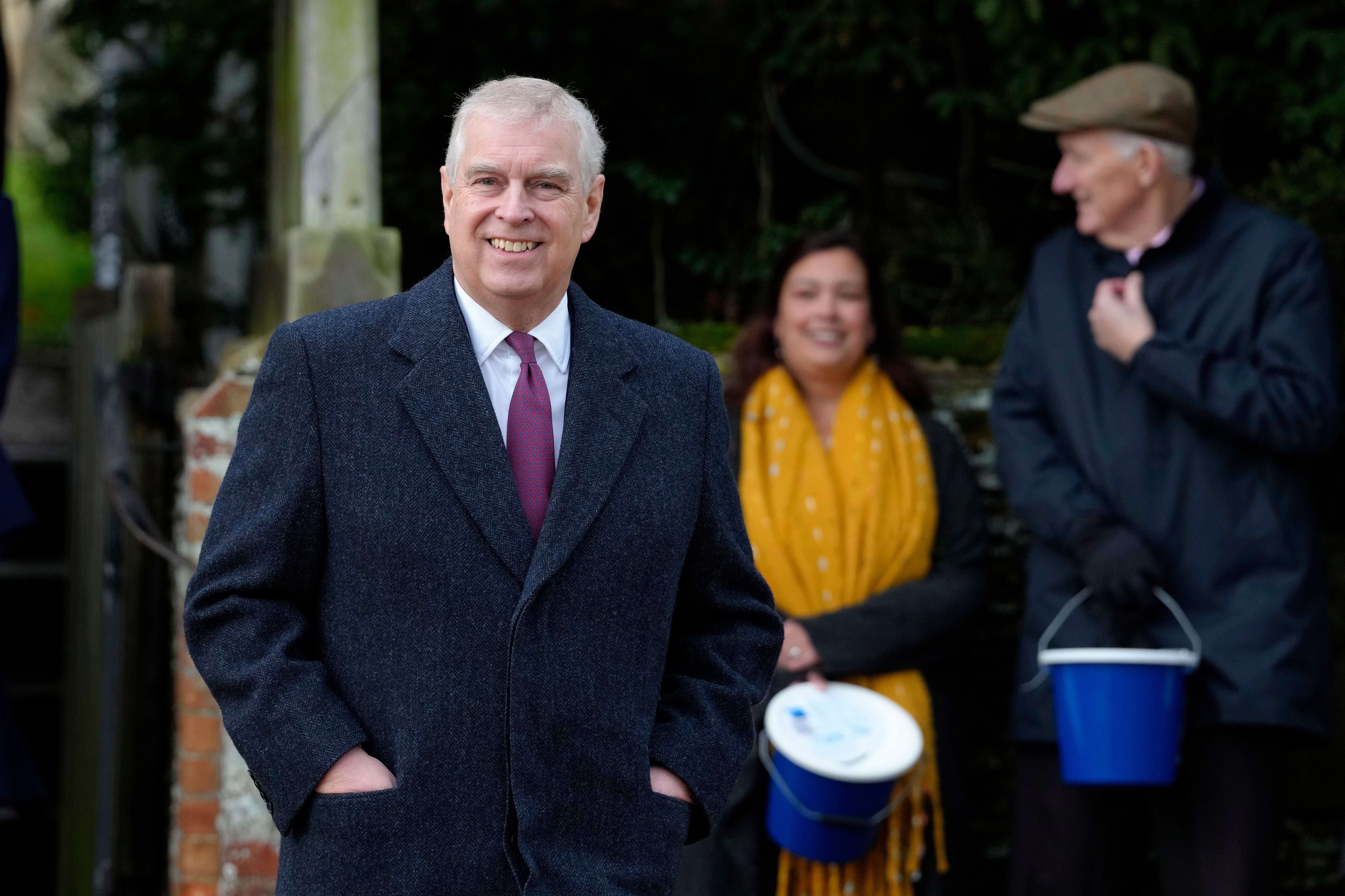 FILE - Prince Andrew leaves after attending the Christmas day service at St Mary Magdalene Church in Sandringham in Norfolk, England, Dec. 25, 2022.