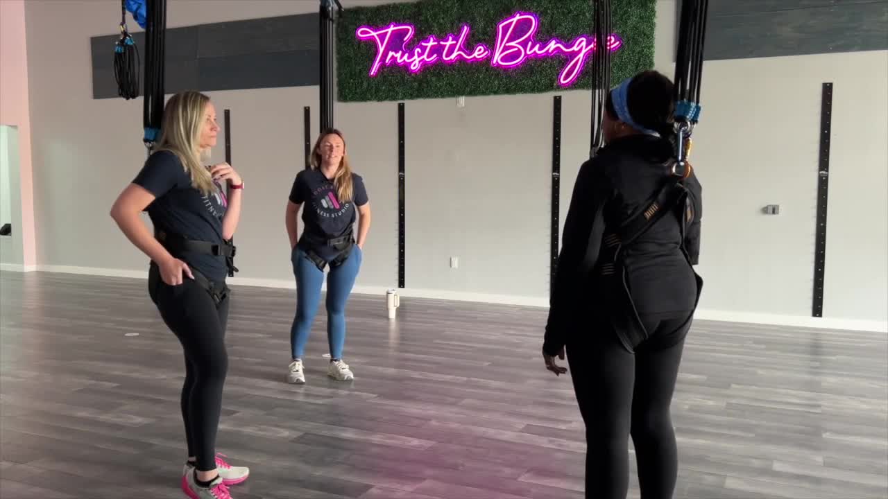 Tania Rogers tries out Boost Bungee, speaking to co-founders Heather Yanniello and Paige Dailey