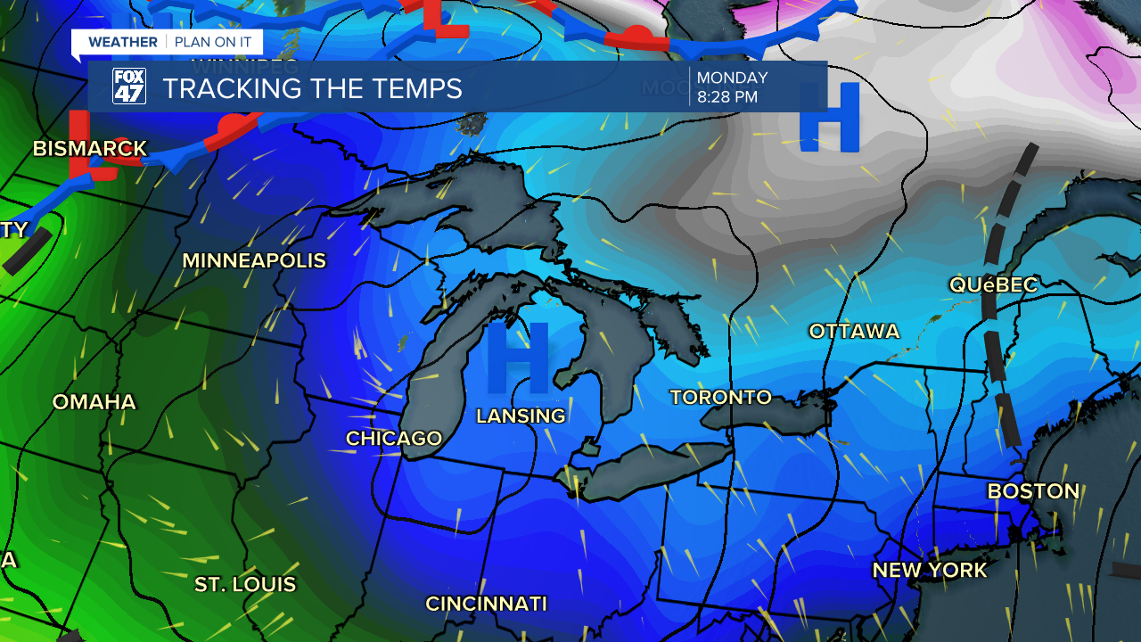 Surface high pressure builds into the state Monday evening clearing our skies overnight and allowing winds to shift out of the south