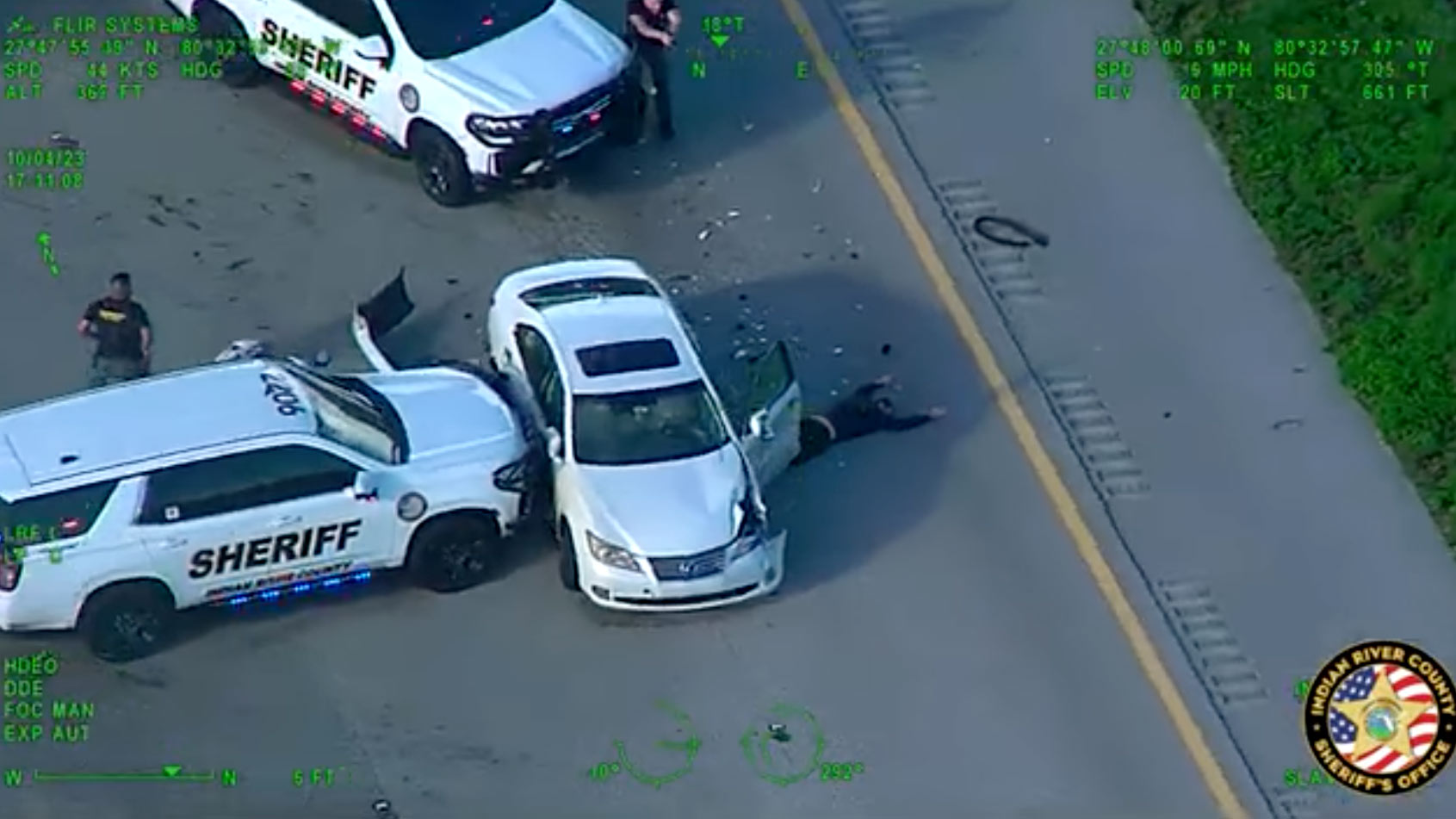 Video from the Indian River County Sheriff's Office helicopter shows Nicholas David Parchesco lying on Interstate 95 following a high-speed chase with deputies Oct. 4, 2023, after a doctor was stabbed.