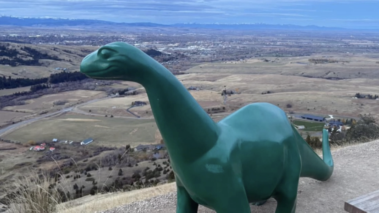 Halloween prank lands stolen Sinclair dinosaur atop Bozeman’s M Trail
