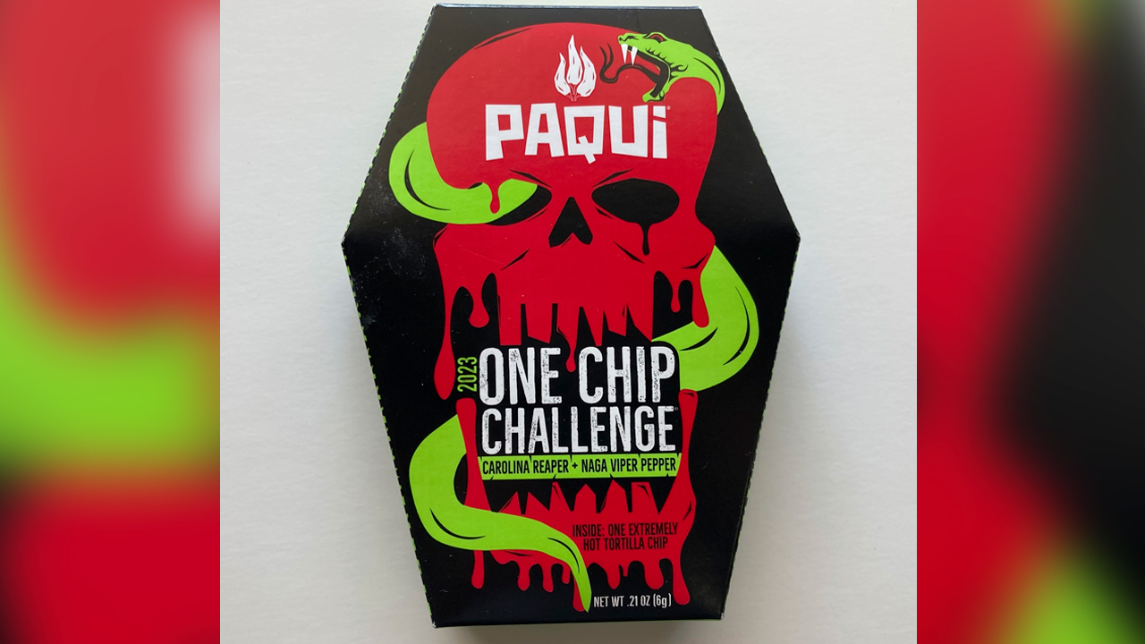 A package of Paqui OneChipChallenge spicy tortilla chips is seen on Thursday, Sept. 7, 2023, in Boston.