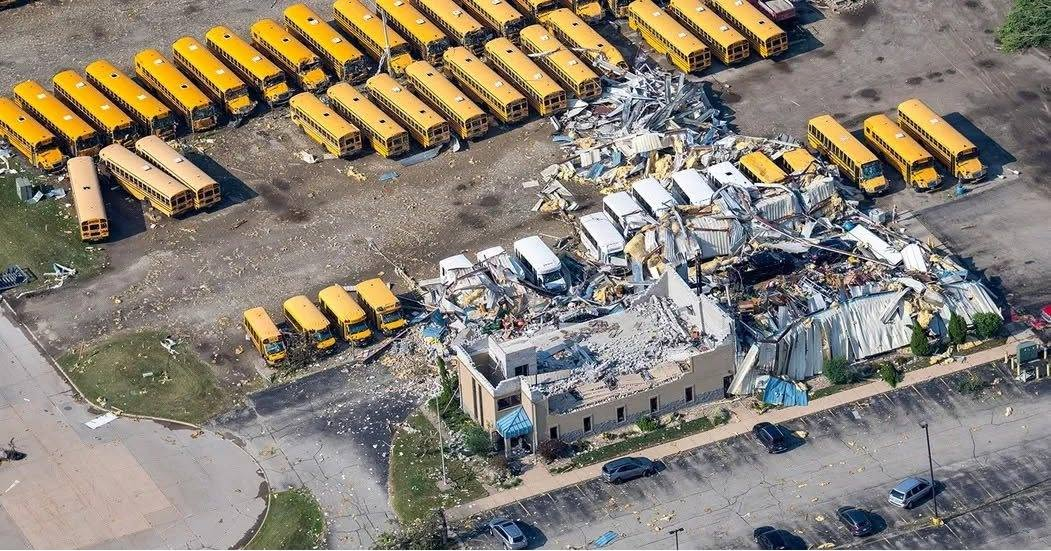 Photos show extensive tornado damage to Lamers Bus Lines terminal in Menasha
