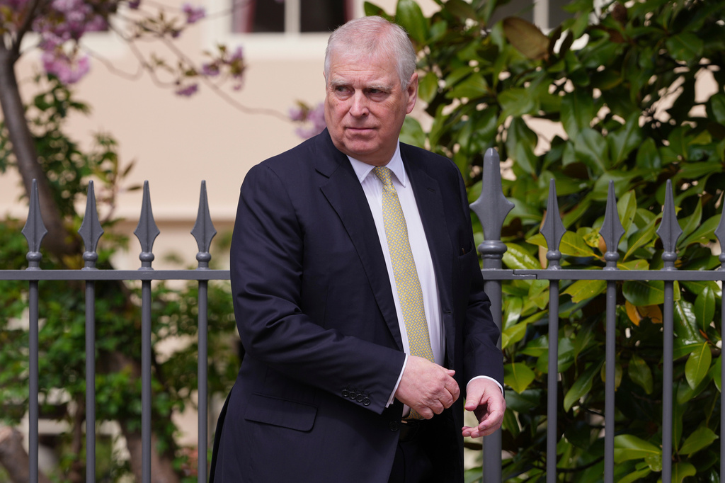 Britain's Andrew Mountbatten-Windsor, formerly known as Prince Andrew, looks round as he leaves after attending the Easter Matins Service at St. George's Chapel, Windsor Castle, England, April 20, 2025.