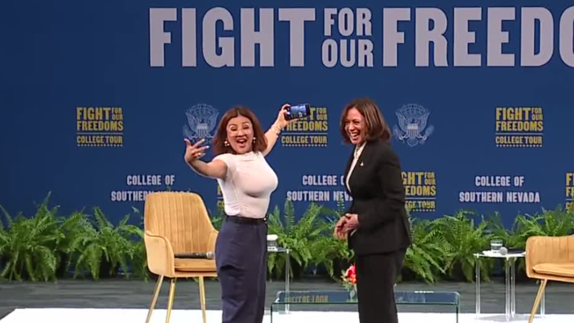 Kamala Harris talks with a Fight for our Freedoms moderator at the College of Southern Nevada