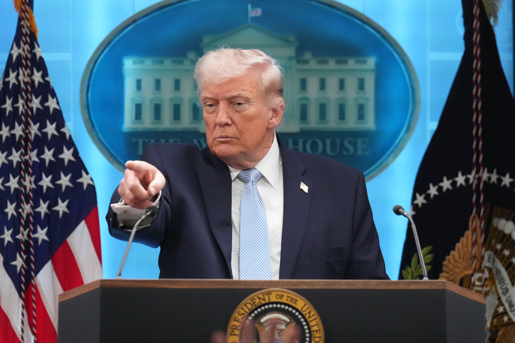 President Donald Trump speaks with reporters during a news conference in the James Brady Press Briefing Room at the White House, Monday, April 6, 2026, in Washington. 