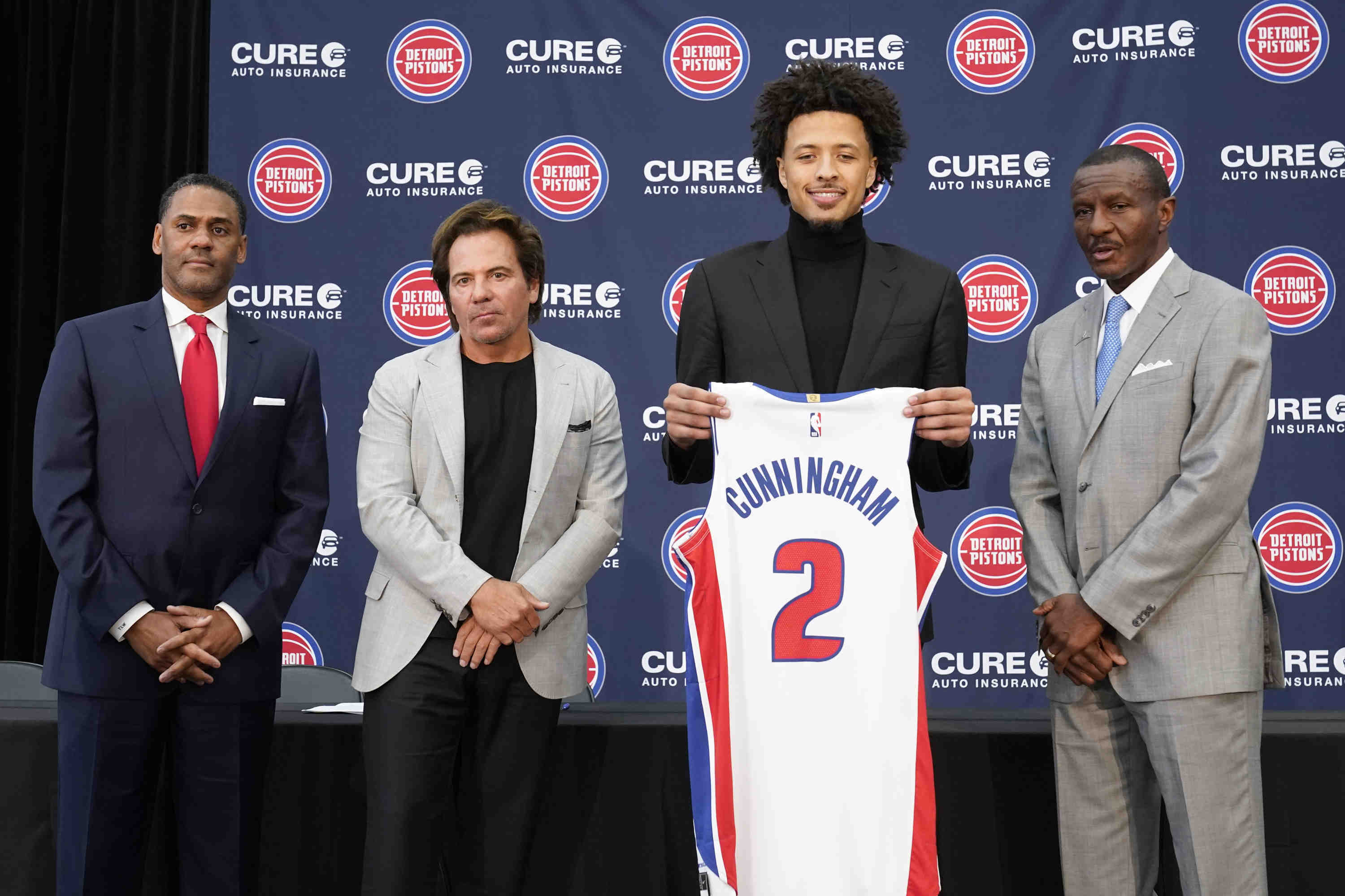 Troy Weaver, Tom Gores, Cade Cunningham, Dwane Casey Pistons Basketball