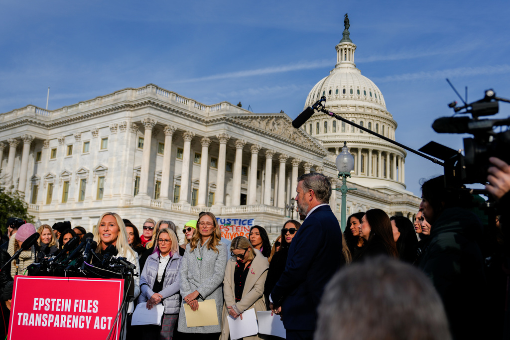 Rep. Marjorie Taylor Greene, R-Ga., speaks during a news conference on the Epstein Files Transparency Act, Tuesday, Nov. 18, 2025, outside the U.S. Capitol in Washington. 