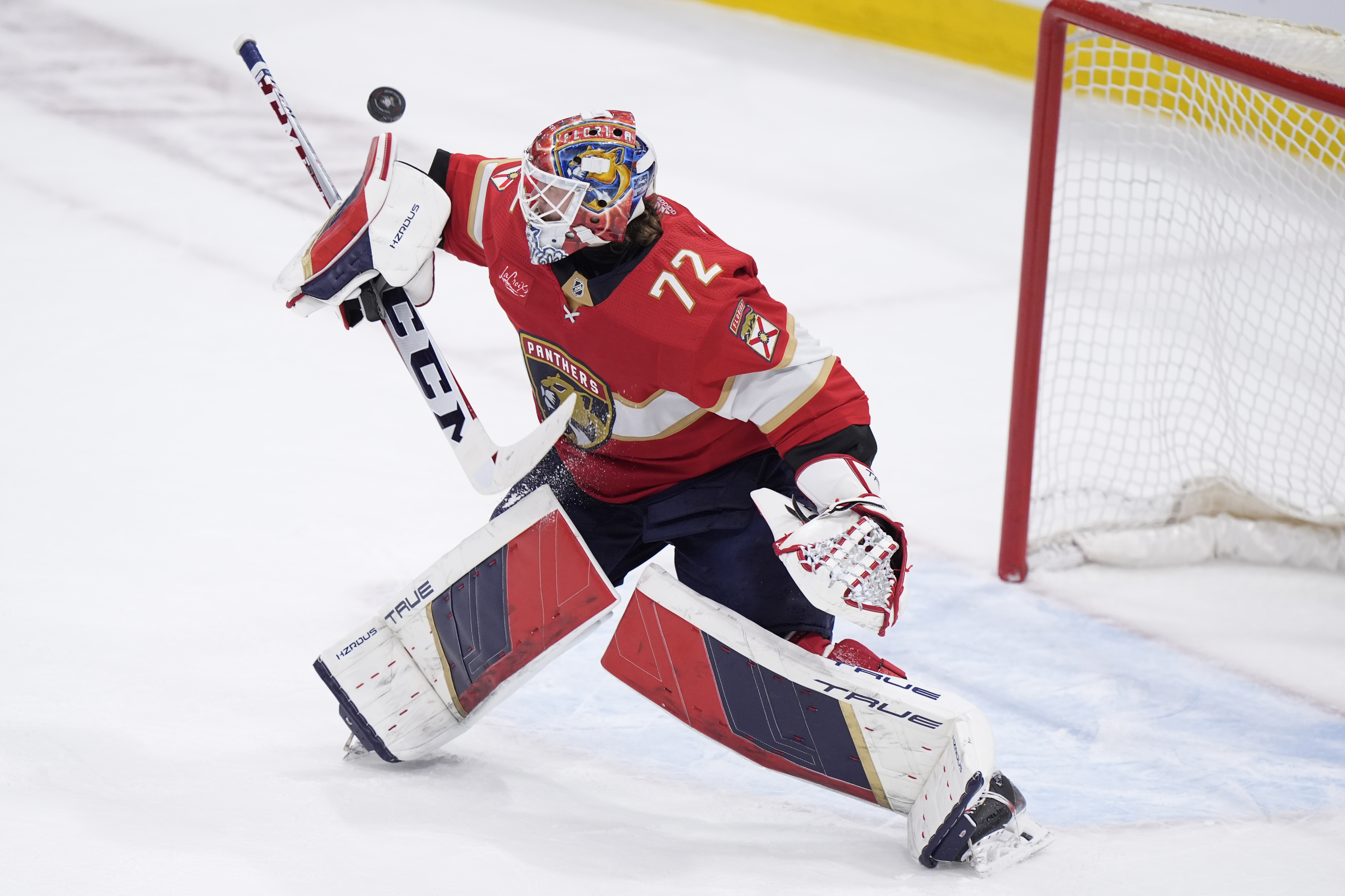 Florida Panthers goaltender Sergei Bobrovsky deflects shot during first period vs. Tampa Bay Lightning, April 29, 2024