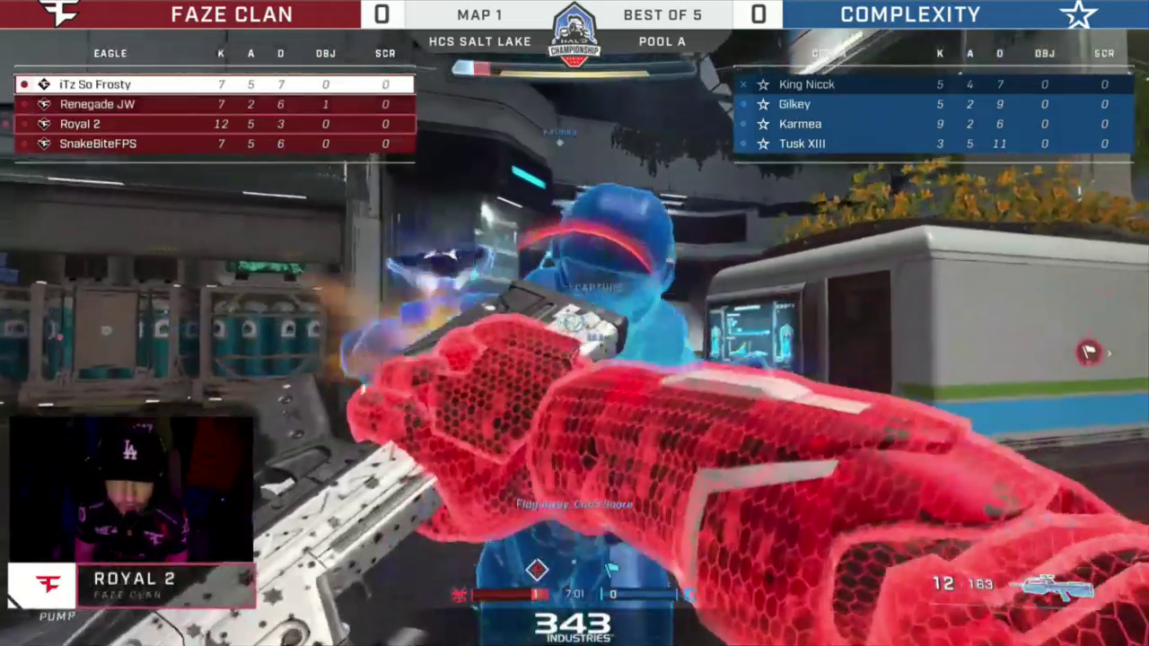 A snapshot from one of the matches. FaZe Clan player Royal 2 attempts a melee strike against Complexity player Karmea moments before being taken down.