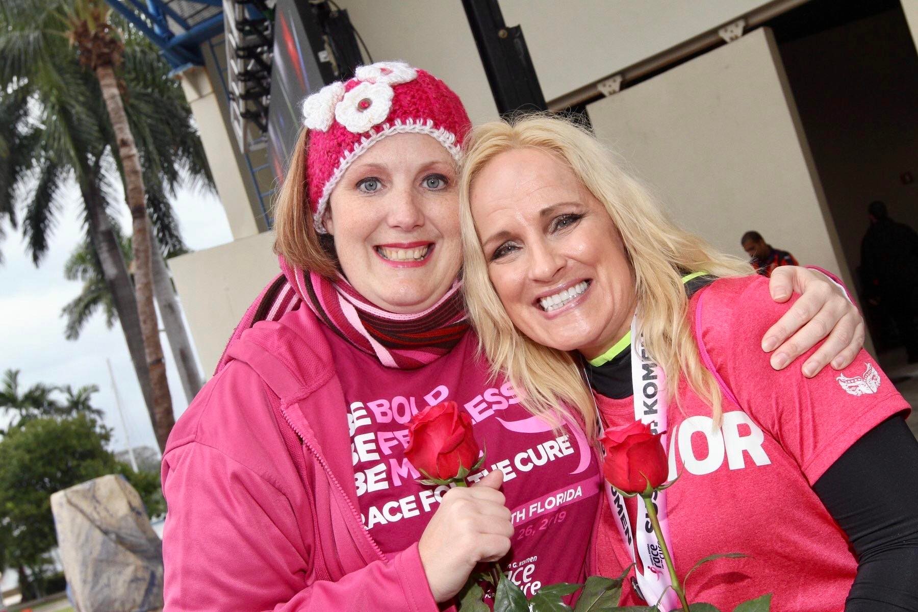 Stephanie Carroll (left) with her friend Kelly Seitz (right) at the Susan G. Komen South Florida Race For The Cure.
