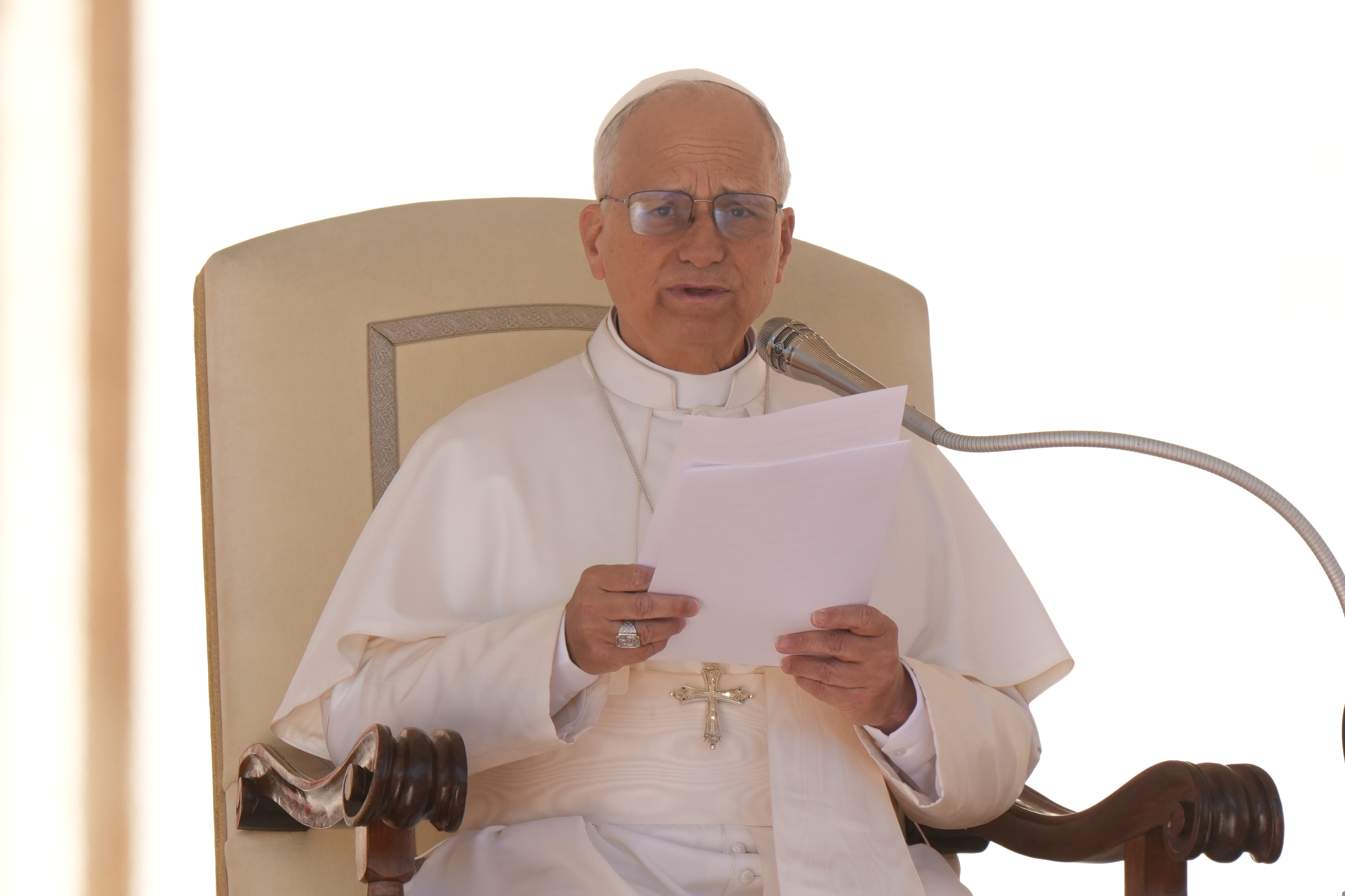 Pope Leo XIV holds his weekly general audience in St. Peter's Square, at the Vatican, Wednesday, Oct. 8, 2025. 