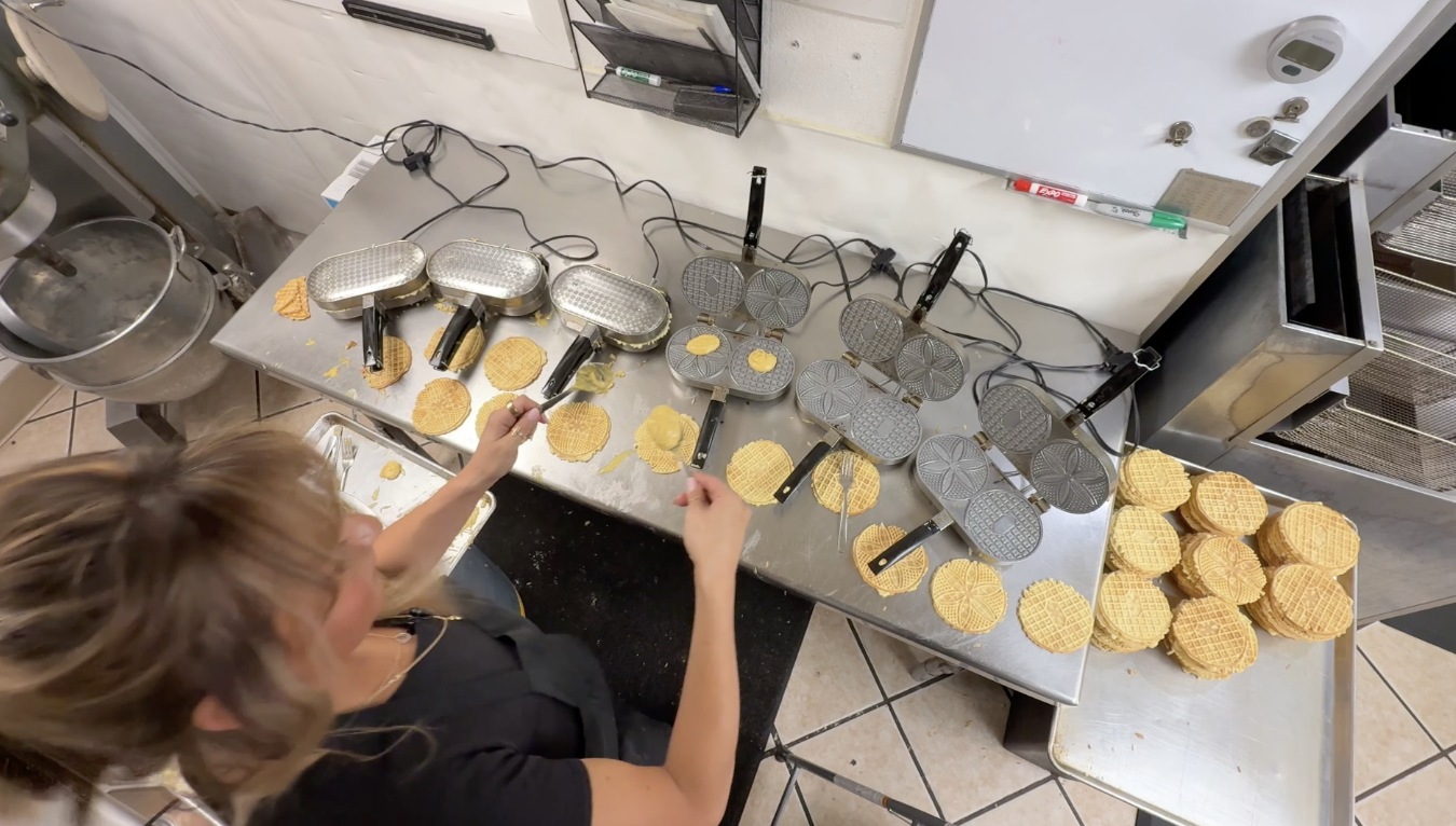 Working six pizzelle irons at once