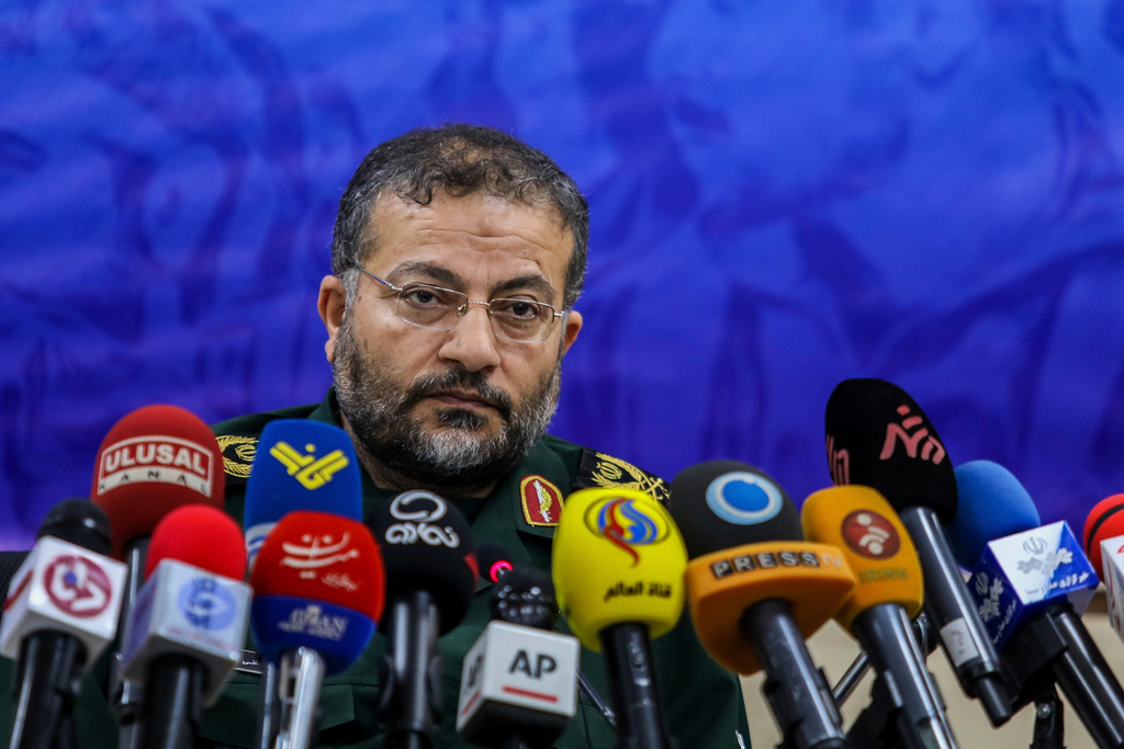 FILE - Commander of Iran's Basij paramilitary force, Gen. Gholam Reza Soleimani, gives a press conference in Tehran, Iran, Nov. 18, 2019. 