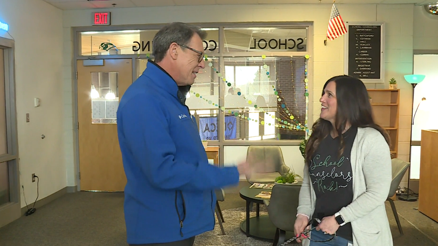 Rob Cardwell thanks Hanover counselor and her furry friend 