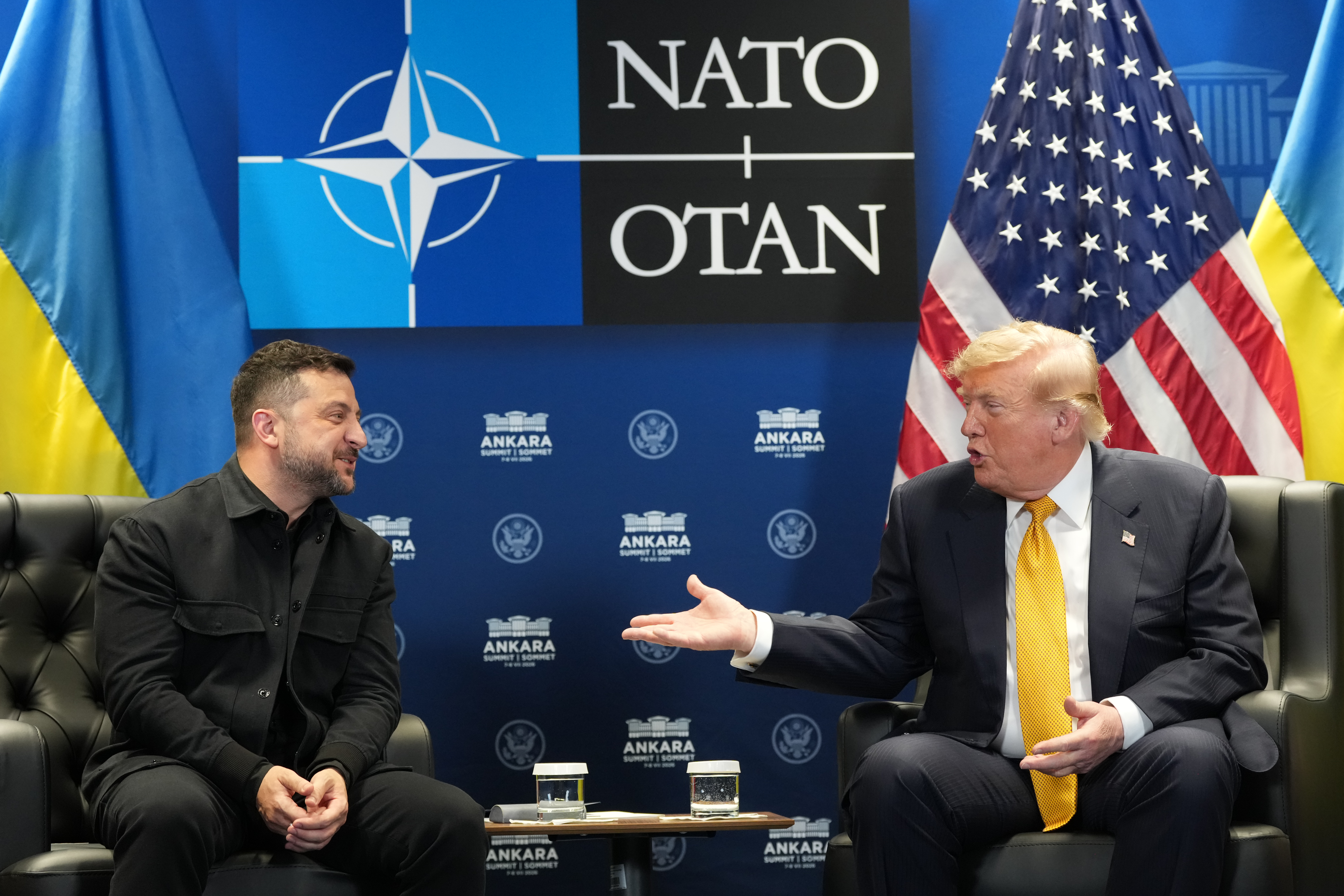 U.S. President Donald Trump meets with Ukraine's President Volodymyr Zelenskyy on the sidelines of the NATO summit in Ankara, Turkey, Wednesday, July 8, 2026.