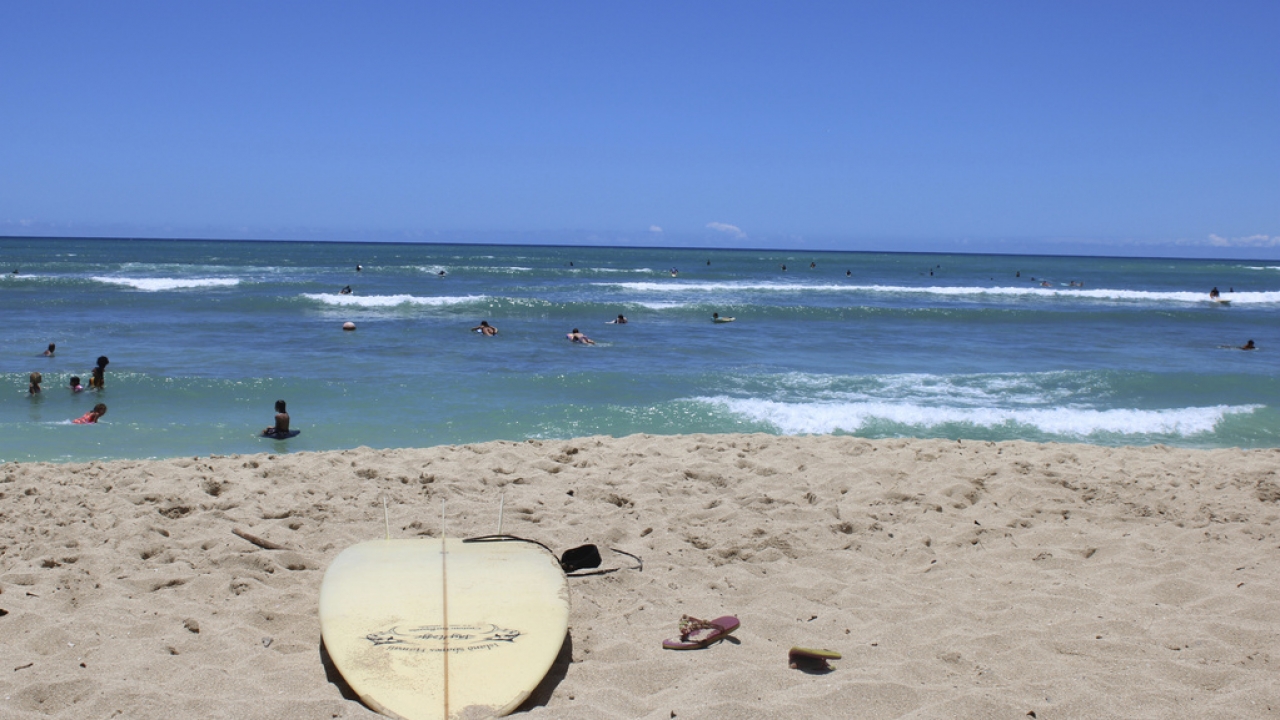 A surfboard lies on the sand on the sand at a beach in Hawaii.