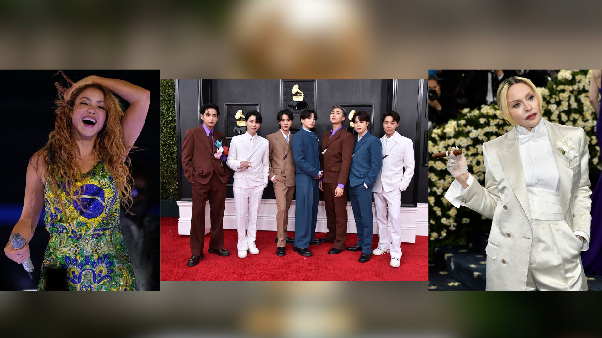 A combination photo of Shakra, BTS and Madonna