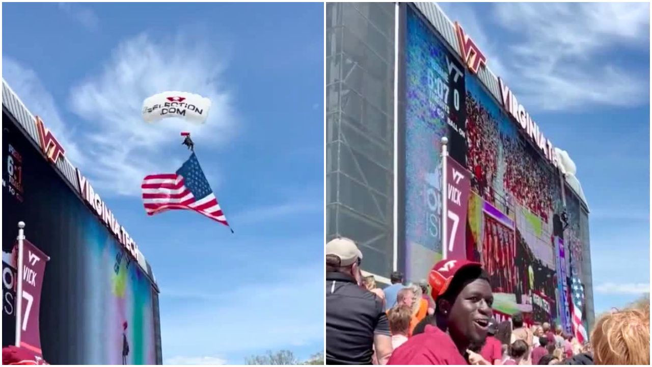 Skydiver gets rescued after crashing into scoreboard before Virginia Tech spring game