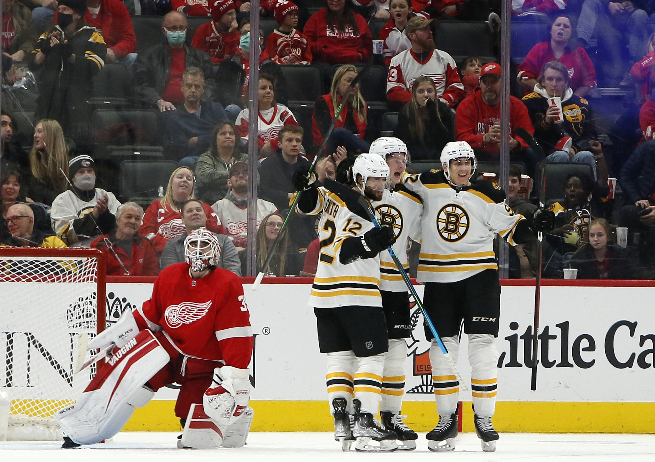 Alex Nedeljkovic, Craig Smith, Trent Frederic, Tomas Nosek Bruins Red Wings Hockey