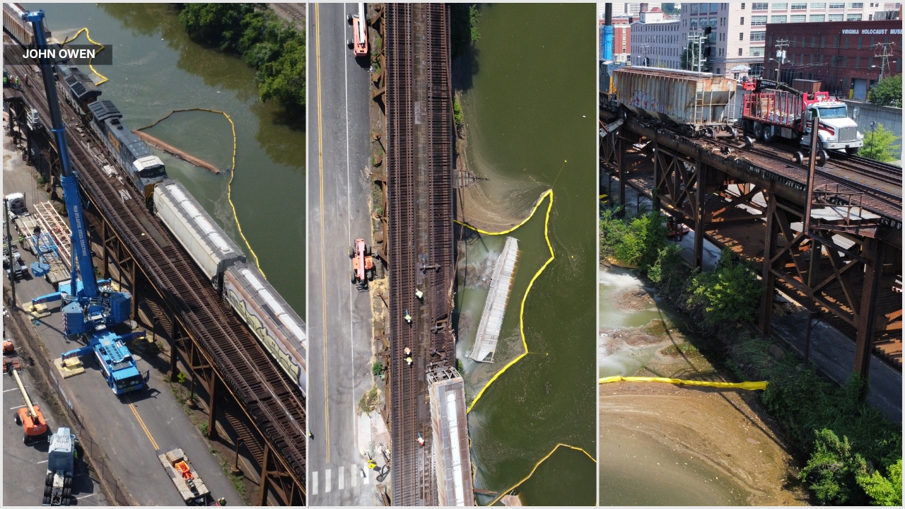 CSX crews work to stabilize derailed train cars in downtown Richmond 