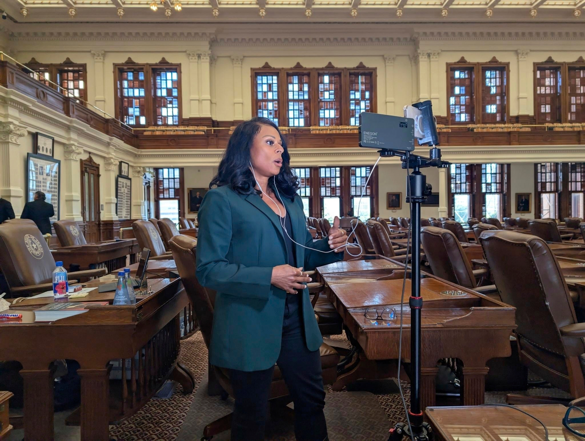 This photo provided by Texas Rep. Gene Wu shows Democratic Texas state Rep. Nicole Collier speaking on the House floor on Monday, Aug. 18, 2025 in Austin. 