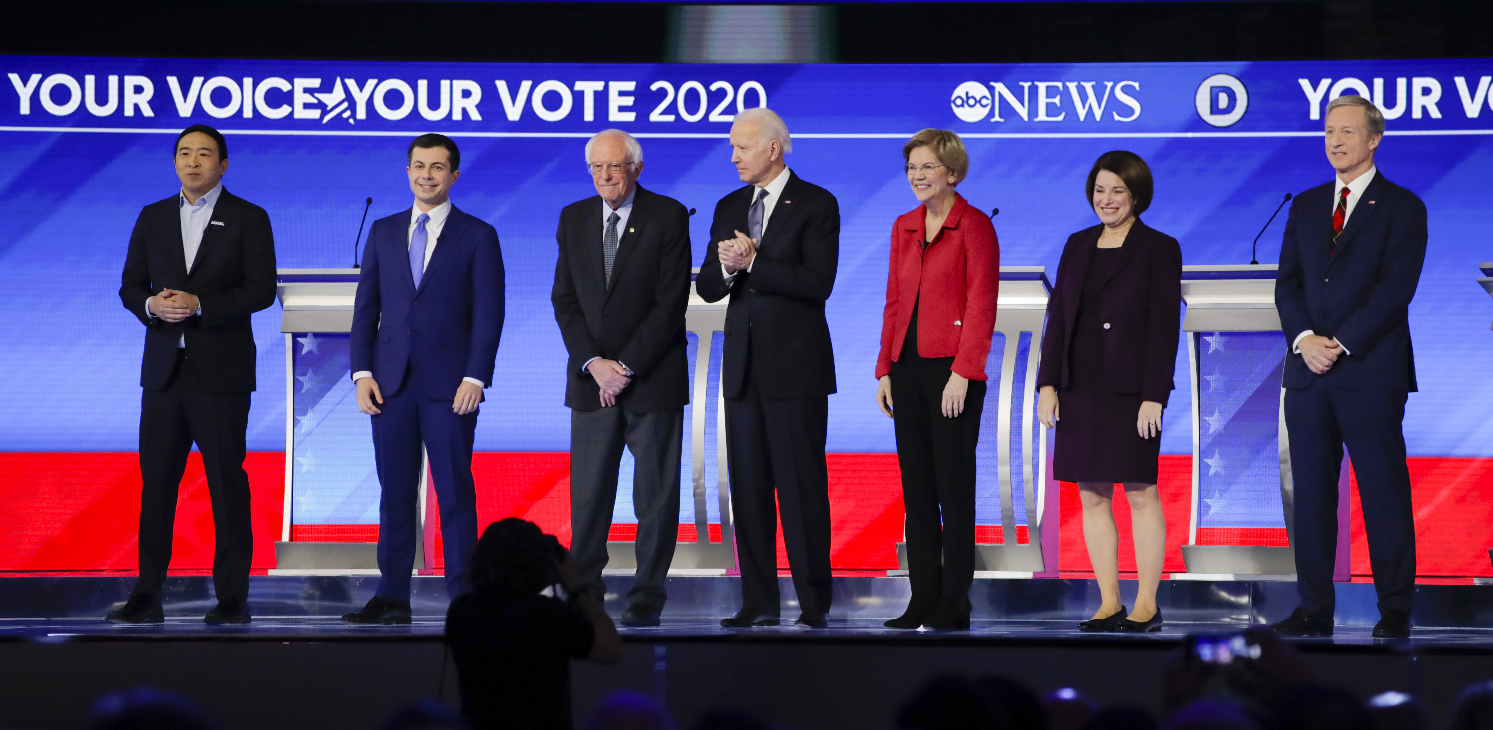 Andrew Yang, Pete Buttigieg, Bernie Sanders, Joe Biden, Elizabeth Warren, Amy Klobuchar, Tom Steyer