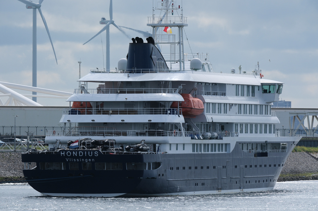 The MV Hondius cruise ship arrives at the Port of Rotterdam, Netherlands, Monday, May 18, 2026. 