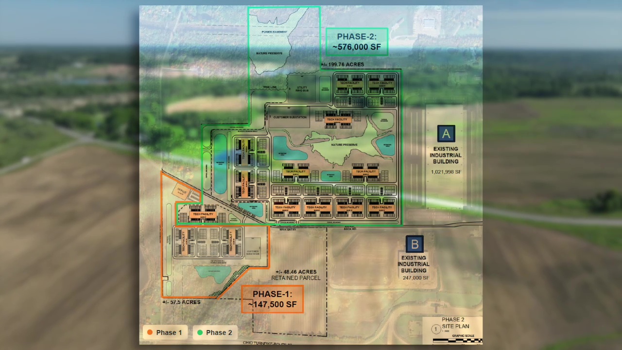 A site plan shows a data center campus proposed in Shalersville by Bitdeer, a global technology company. The Portage County site sits just north of the Ohio Turnpike.