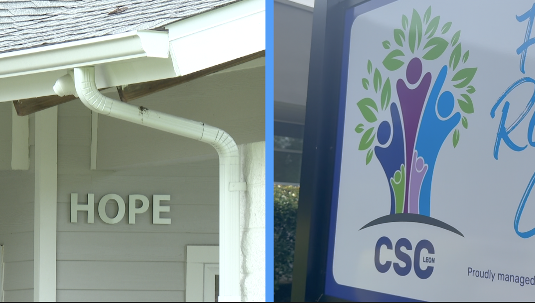 Sign reading HOPE on a building split screened with CSC Leon logo. 