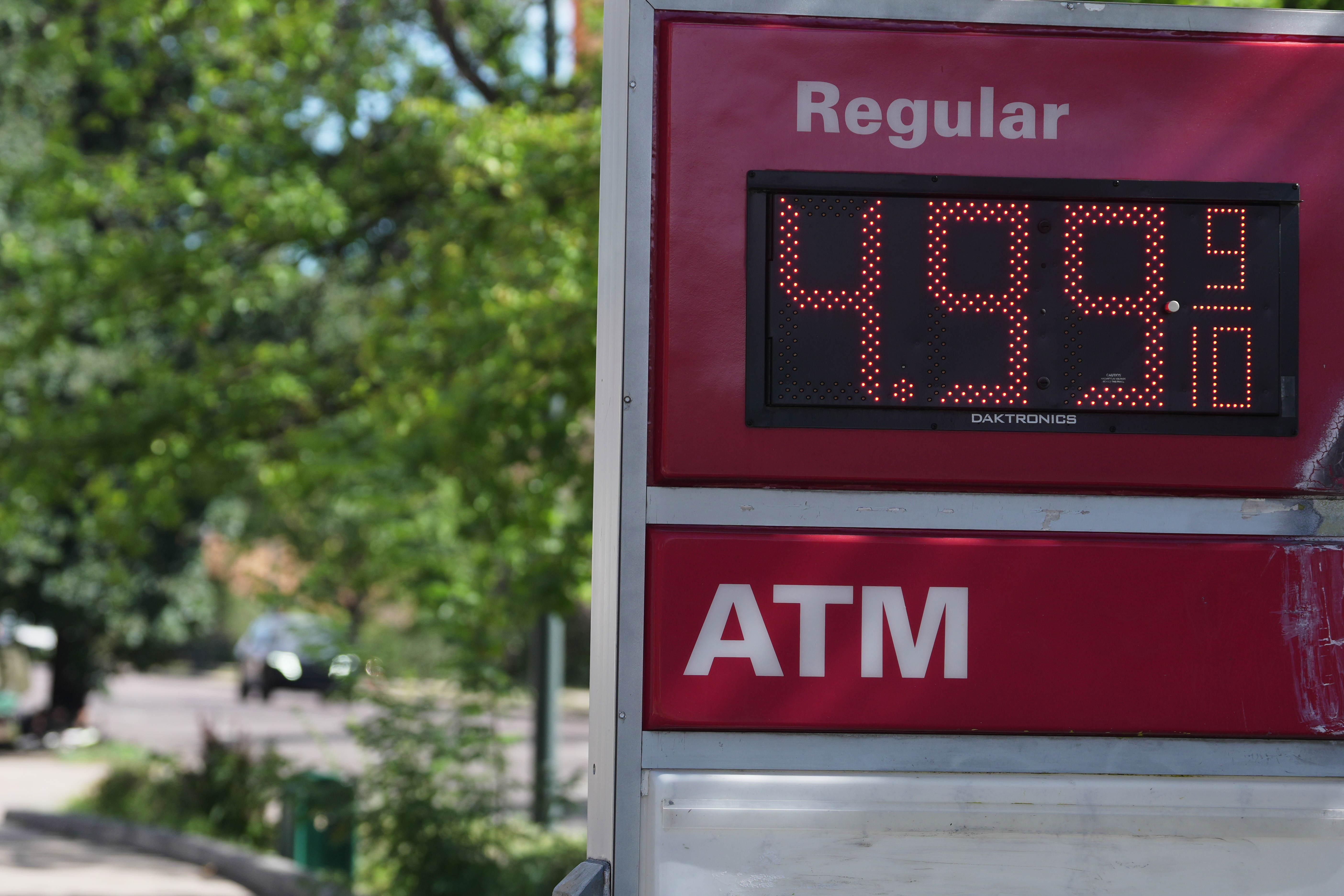 The per-gallon price for regular unleaded fuel is displayed electronically on a sign outside a Conoco gasoline station Wednesday, Sept. 9, 2026, in Denver.