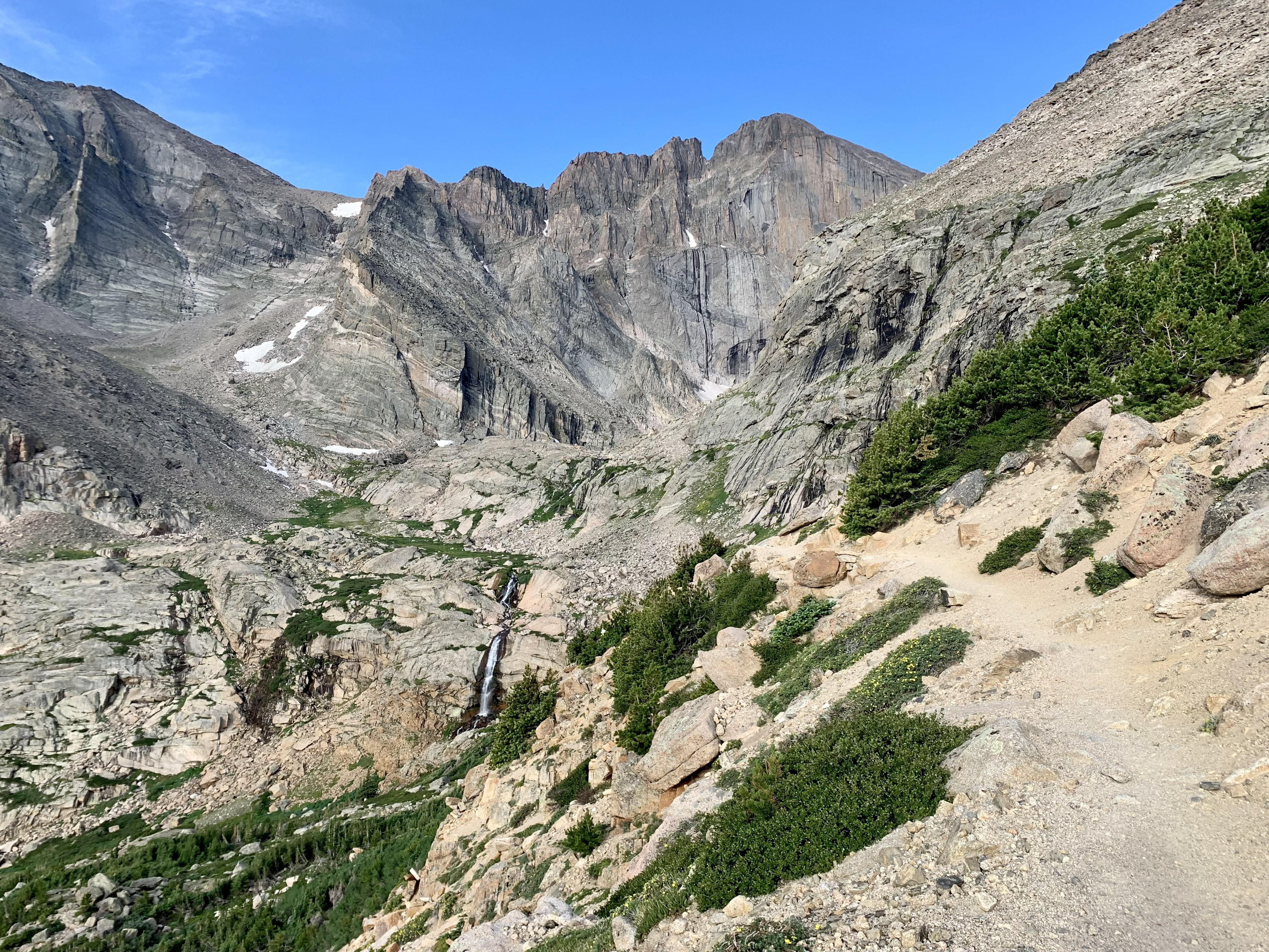 A trail leads to Chasm Lake and the east face of Longs Peak in Rocky Mountain National Park. 