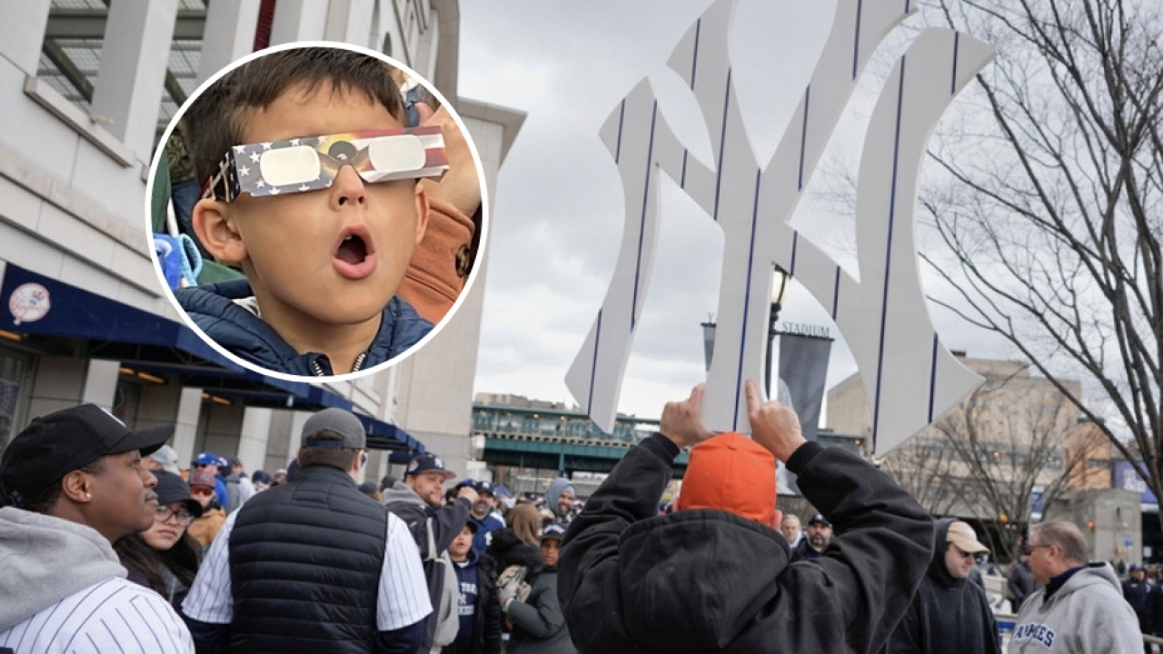 Combination photo shows Yankees fans entering Yankee Stadium and a boy wearing solar eclipse protective glasses.
