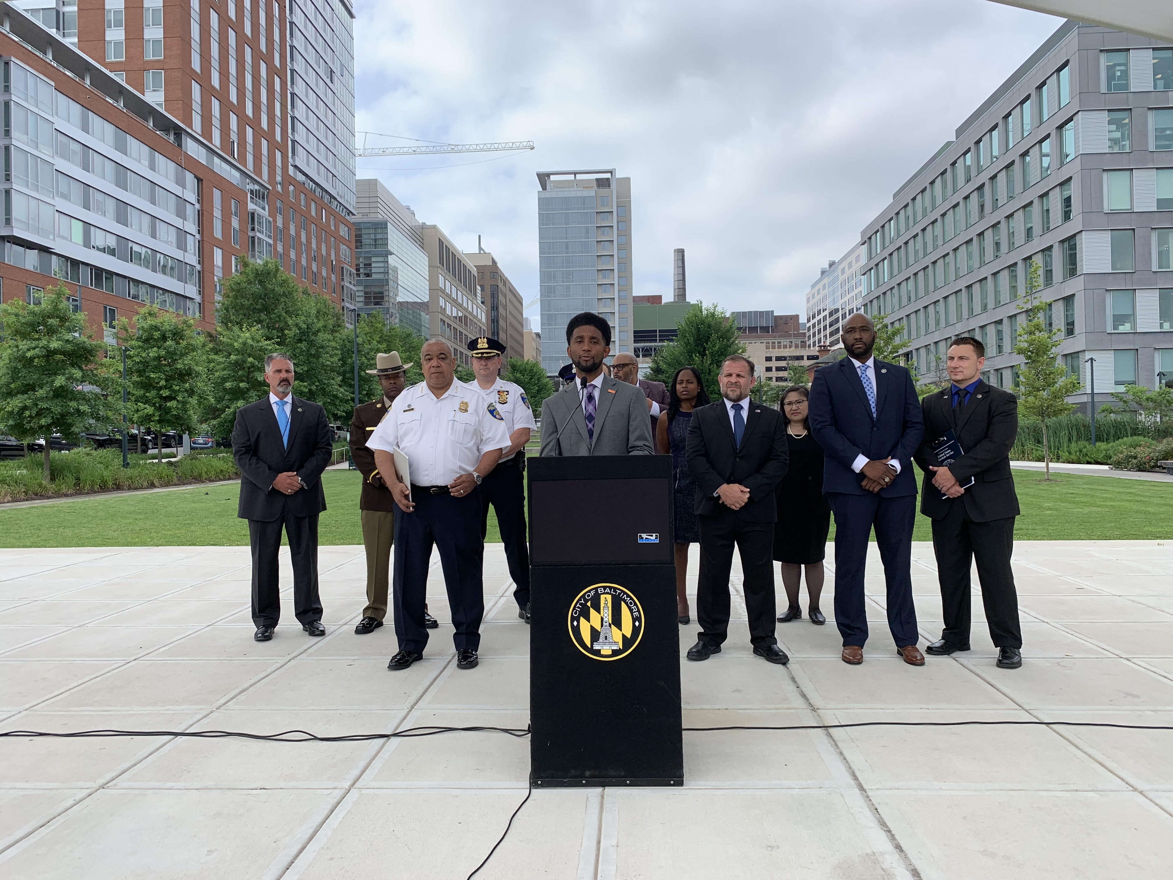 Mayor Brandon Scott speaks at the U.S. Marshals Service press conference on Operation North Star in Baltimore