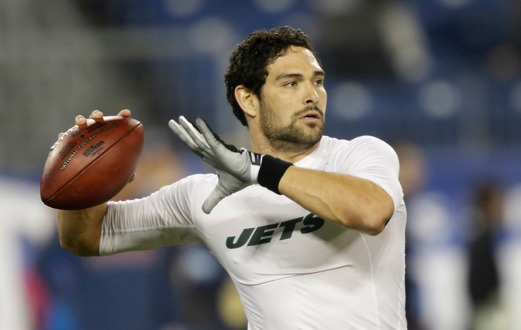 New York Jets quarterback Mark Sanchez warms up before an NFL football game between the Jets and the Tennessee Titans on Monday, Dec. 17, 2012, in Nashville, Tenn. 